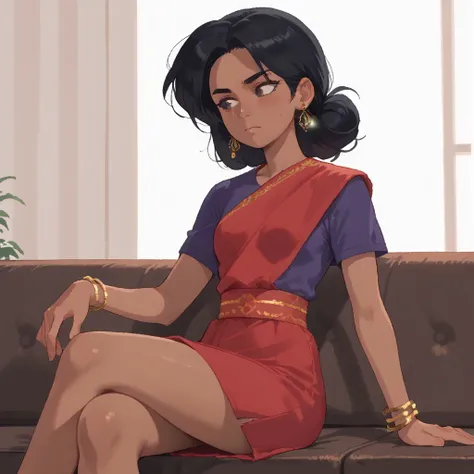 score_9, score_8, score_7, break, solo, venba, dark-skinned female, earrings, black hair, bindi, bracelet, short sleeves, purple shirt, red sash, skirt, sitting, sofa, crossed legs