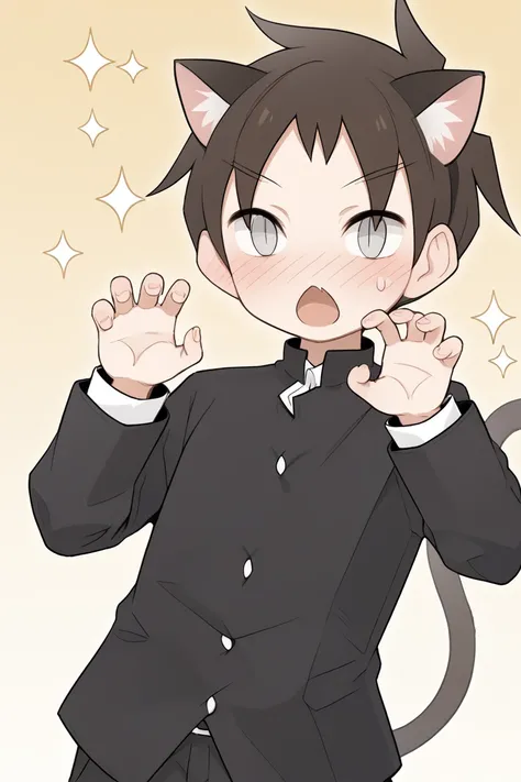 score_9, score_8_up, score_7_up, score_6_up, score_5_up,score_4_up , 
sekihara, brown hair, grey eyes, 1boy, male focus, animal ears, cat ears, tail, solo, school uniform, gakuran, cat tail, blush, cat boy, open mouth, sparkle, slit pupils, kemonomimi mode...