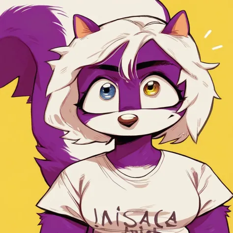 score_9, score_8_up, source_cartoon, solo, 1girl, melissa, furry female, purple fur, skunk girl, white hair, heterochromia, medium breasts, white shirt, english text, mikeshirt, yellow background