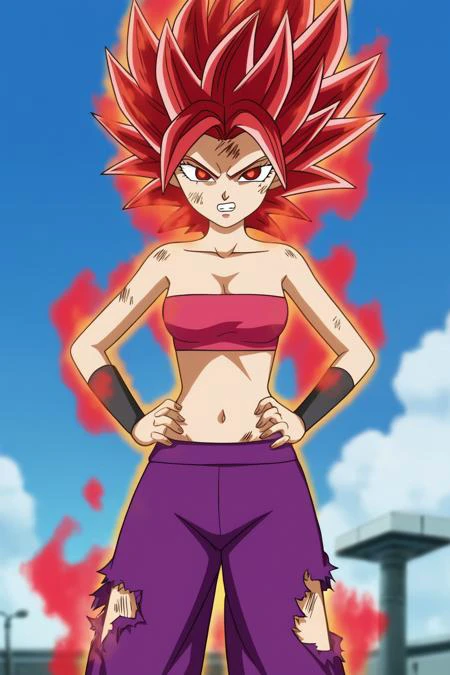 source_anime, score_9, score_8_up, score_7_up, anime screencap,
caulifla, red hair, spiked hair,  red eyes, collarbone, tube top,  looking at viewer, bruise on face, gritted teeth, blue sky, ruined city, destroyed buildings, ((red aura)), (super saiyan god...