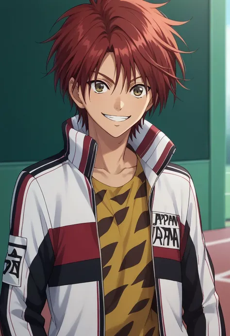 score_9, score_8_up, score_7_up, source_anime, highly detailed, 
kintaro, 1boy, male focus, solo, red hair, brown eyes, track jacket, open jacket, open clothes, multicolored clothes, high collar, white jacket, red jacket, black jacket, long sleeves, shirt,...