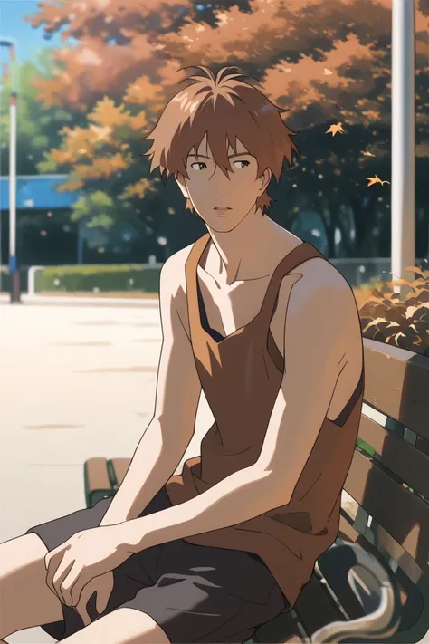 score_9, score_8_up, score_7_up, source_anime, rating_questionable, autumn theme, autumn leaf, male focus, sitting, looking away, parted lips, ChiakiTGLTT, green_ChiakiTGLTT_eyes, brown_ChiakiTGLTT_short hair, tank top, shorts, legs apart, 1boy, blurry out...