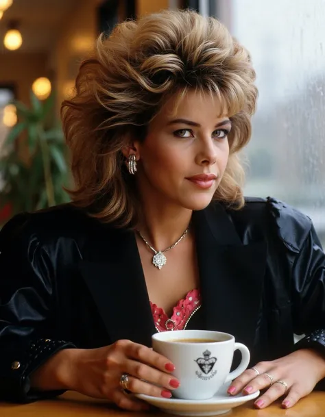 a woman with a striking 1980s hairstyle and makeup, voluminous tousled layers frame her face.  <lora:CCCatchFlux:1.0>  . Is sitting comfortably in a cozy coffee shop with warm lighting, looking out the window as rain falls outside.