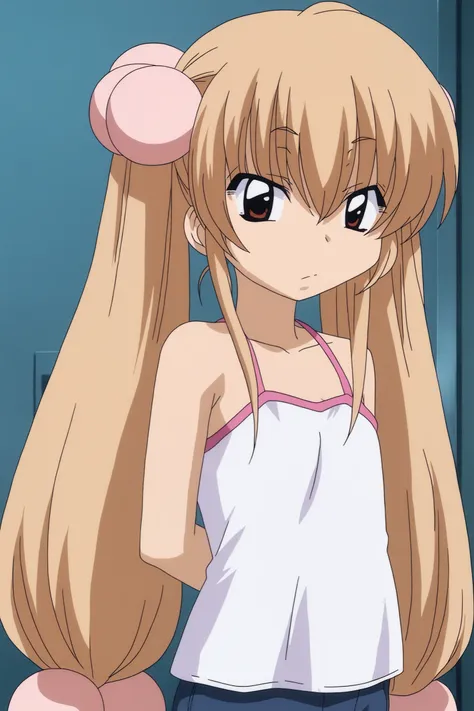 anime girl with long blonde hair and pink ears in a white tank top