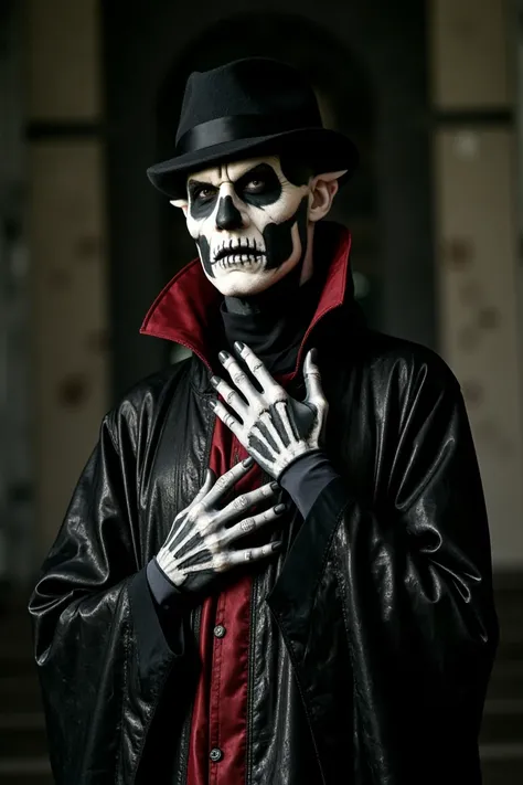 PapaSecondo, portrait, vampire, extreme pointy ears, ornamental vampire robe,  skull face paint. show his right skull paint hand with sharp claw fingernails, upper Lip is black and the lower white. His left eye is white and the right eye is dark green. Bla...