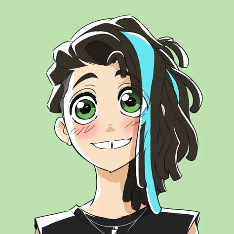 1boy,solo,ponta hayari,dreadlocks,two-tone hair,green eyes,(skinny:1),earrings,green eyes,smile,upper body,simple background,tooth gap,undercut,dark brown hair,cyan hair highlights,black sleeveless t-shirt,side ponytail,necklace,blush,semi-realistic