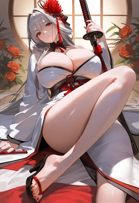 masterpiece,best quality,very aesthetic,highres,absurdres,1girl,mature female,<lora:trt_v0.3_noobai_cwhj:1>,scarlet_(black_shadow)_(nikke),barefoot,bare legs,dorsiflexion,breasts,cleavage,closed mouth,feet,flower,grey hair,high heels,holding,holding sword,...