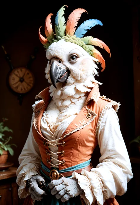 araffe dressed in a fancy costume with feathers and a clock