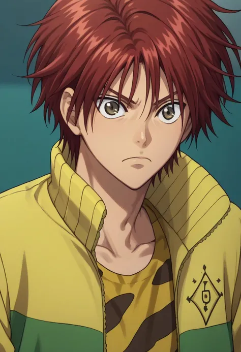 score_9, score_8_up, score_7_up, source_anime, highly detailed, 
kintaro, 1boy, male focus, solo, red hair, brown eyes, jacket, yellow jacket, open jacket, open clothes, shirt, leopard print, upper body, frown
upper body
outdoor,