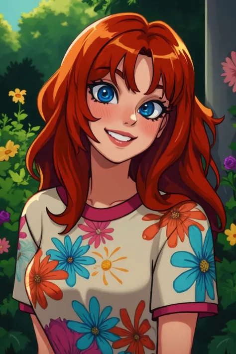 closeup photo of woman playfully posing, looking at viewer, wearing a colorful flower pattern t-shirt, modest, shy, [Calista|Ivy|Sapphira], naughty smile, redhead hair loose waves, dark blue eyes, pretty eyes, detailed iris, playful, outside, garden, summe...