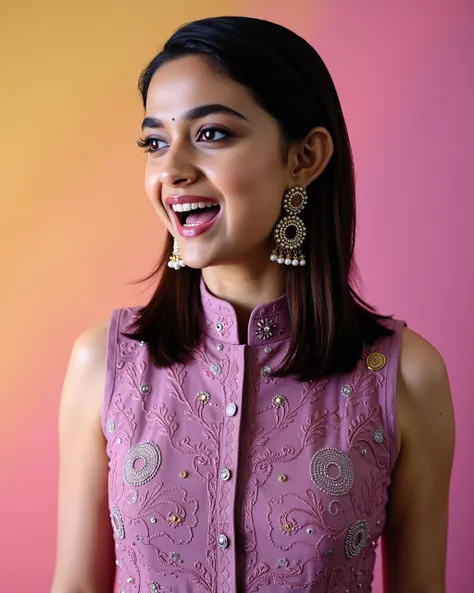 cowboy shot photo of a Keerthy Suresh woman,candid photo with natural colors, shouting expression on face,studio quality, wearing intricate conservative sleeveless Mauve Kashmiri Pashmina Suit, straight hair, pastel shaded multicolored background, cinemati...