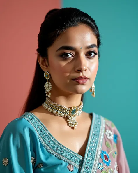cowboy shot photo of a Keerthy Suresh woman,candid photo with natural colors, pouting expression on face,studio quality, wearing intricate conservative long sleeved Blue Mekhela Chador (Assamese traditional attire), high ponytail, pastel shaded multicolore...