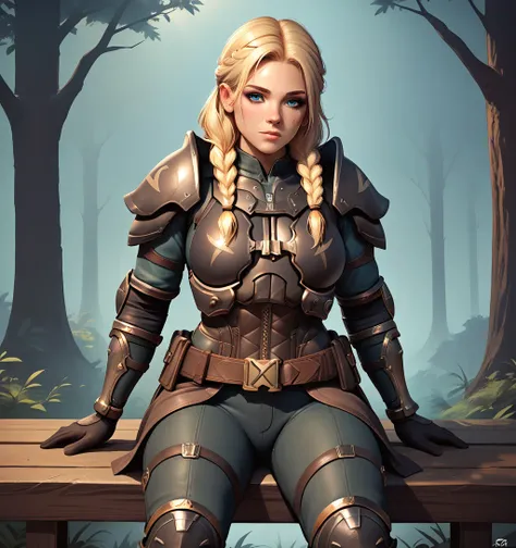 score_9, score_8_up, score_7_up, BREAK 1girl,portrait of one mature woman, portrait of one mature woman, in a forest, ((forest background)), sexy, dark blonde, double braids, armor, shoulder revealed, blonde hair, blue eye color, braided hairstyle, tired h...