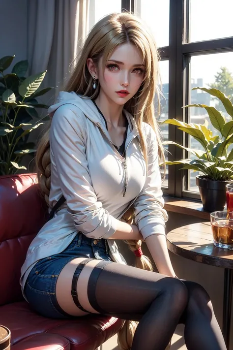 1girl,thighhighs,denim,solo,shorts,hoodie,hood,denim shorts,looking at viewer,black thighhighs,garter straps,sitting,feet out of frame,window,plant,red lips,short shorts,table,indoors,blonde hair,day,potted plant,long sleeves,makeup,braid,lips,earrings,hoo...