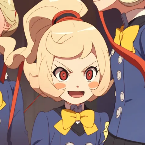 score_9, score_8_up, score_7_up, source_anime, masterpiece, high quality BREAK ponytail, red eyes, blush stickers, smile, school uniform, 1girl, open mouth, blonde hair, multiple girls, bow, high ponytail