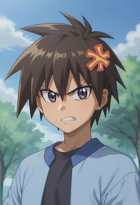 score_9, score_8_up, score_7_up, source_anime, highly detailed, 
wataru, 1boy, male focus, solo, brown hair, spiked hair, bangs, purple eyes, shirt, blue shirt, open shirt, open clothes, short over long sleeves, black shirt, frown, upper body, teeth, angry...