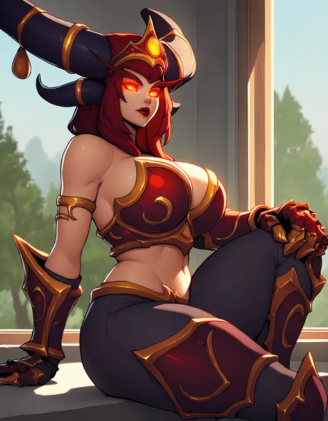 masterpiece, best quality,
<lora:AlexHotS_v2_Illustrious:0.8>
AlexBase, huge breasts,  wide hips, orange eyes, glowing eyes, red lipstick, gold-lined horns, long eyebrows, tiara,
armlet, chest armor, cleavage, midriff, gauntlets, pants, greaves,
sitting, l...