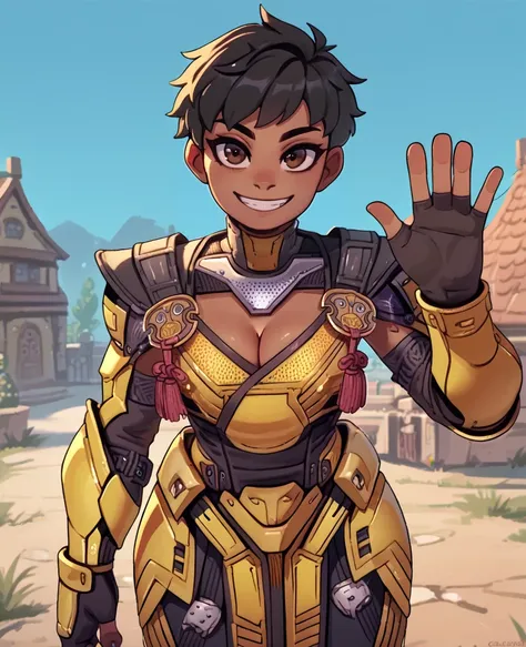 score_9,score_8_up,score_7_up,score_6_up,score_5_up,score_4_up,
cyraxmk1,black hair,brown eyes,very short hair,
fingerless gloves,cleavage,waving,looking at viewer,
yellow armor,smile,
outside,night,<lora:Cyraxmk1xl-12-51:0.8>,