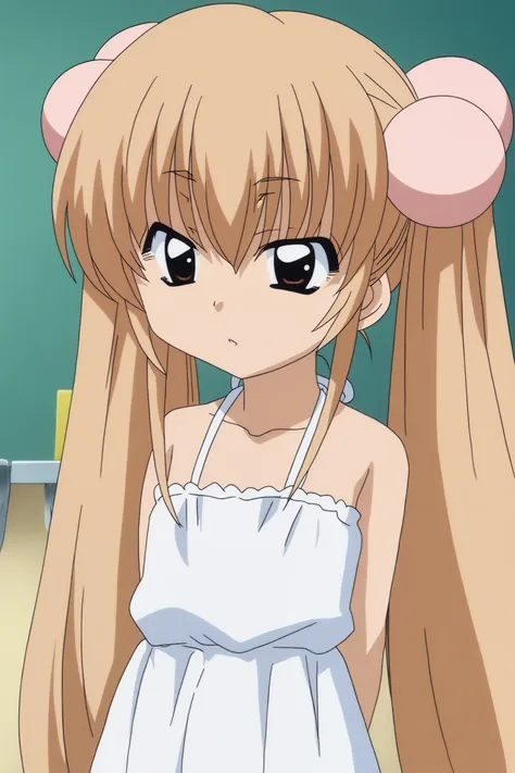 anime girl with long blonde hair and pink ears in a white dress