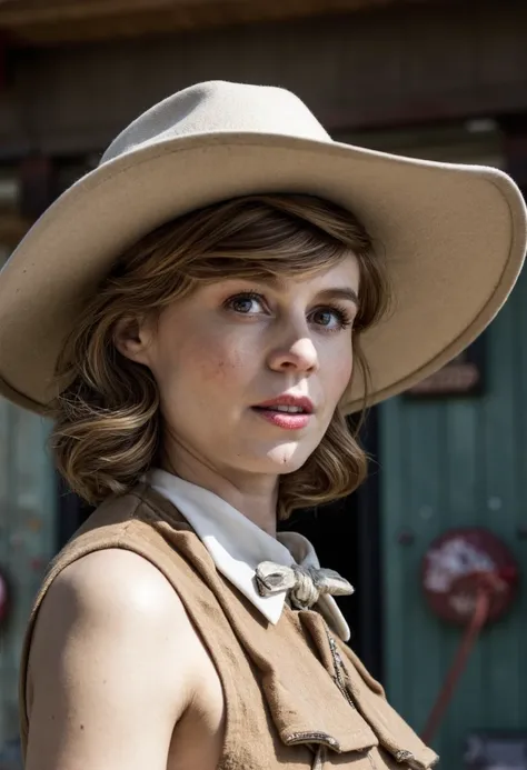 Katja Herbers, wearing a cowboy hat in a cinematic still from Westworld