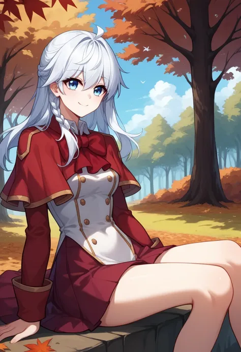 score_9, score_8_up, score_7_up, score_6_up, source_anime, score_9, score_8_up, score_7_up, score_6_up, source_anime,Naer,Naer clothing,white hair,braid,blue eyes,red capelet,long sleeves,red skirt, smile, forest, autumn, trees, falling leaves, sitting, le...