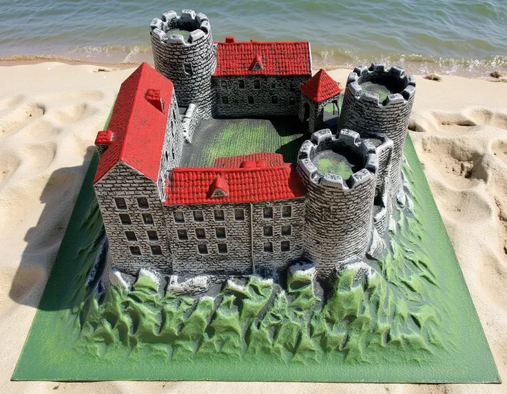 a full view of a plastic model of a medieval castle with many buildings and towers and a small courtyard. The model is standing at a beach. <lora:ElastolinCastleFlux:1.0>  .