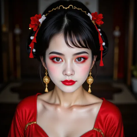 The image features a young woman styled as a traditional Japanese geisha,with a captivating and intense gaze directed at the viewer. Her makeup is striking,with a flawless,dramatic red eyeshadow extended into a bold wing,and matching red lipstick that acce...