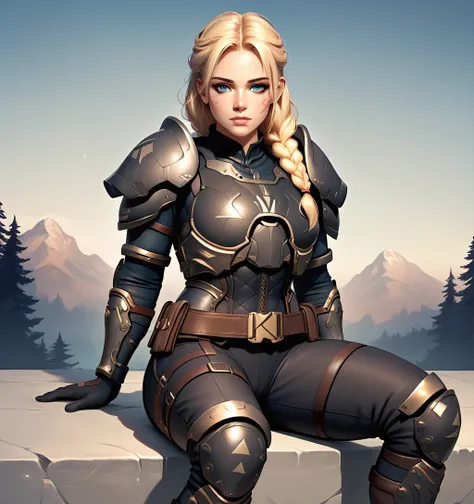 score_9, score_8_up, score_7_up, BREAK 1girl,portrait of one mature woman, portrait of one mature woman, in a forest, ((forest background)), sexy, dark blonde, double braids, armor, shoulder revealed, blonde hair, blue eye color, braided hairstyle, tired h...