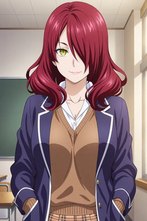 1girl, looking at viewer, indoors, classroom, masterpiece, best quality, amazing quality, highres, absurdres, very aesthetic, high resolution, ultra detailed, perfect details, smile, medium breasts, kobayashi rindou, long hair, red hair, wavy hair, yellow ...