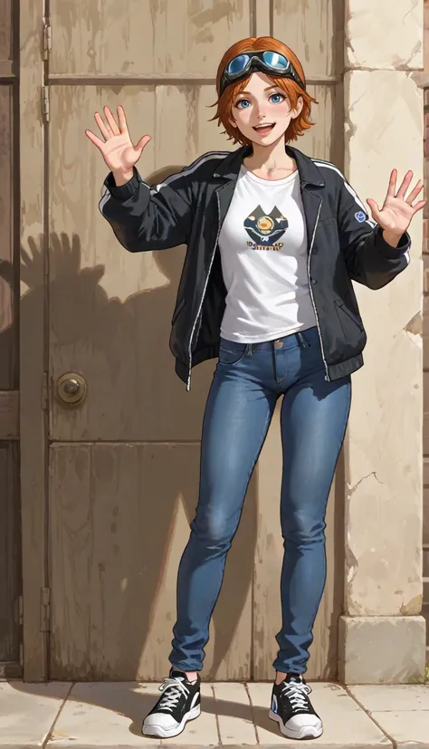 jacket,jeans,shirt,sneakers,googles,waving hands,