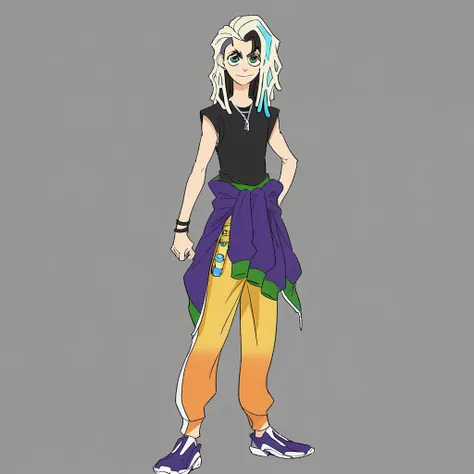 1boy,solo,ponta hayari,dreadlocks,green eyes,(skinny:1),earrings,official style,male focus,clothes around waist,full body,undercut,colorful track pants,multicolored hair,cyan hair highlights,necklace,bracelet,black sleeveless t-shirt,loose hair,v-shaped ey...