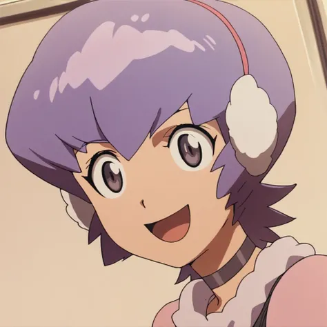 score_9, score_8_up, score_7_up, source_anime, masterpiece, high quality BREAK 1girl, earmuffs, solo, purple hair, short hair, open mouth, choker, purple eyes, smile, :d