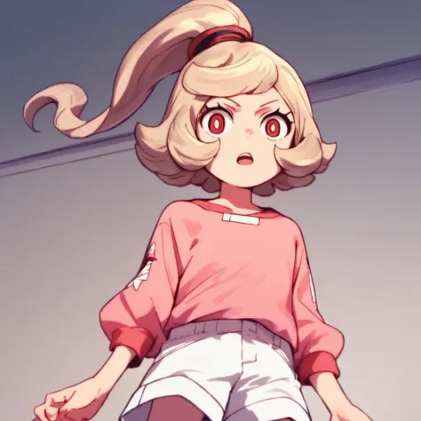 score_9, score_8_up, score_7_up, source_anime, masterpiece, high quality BREAK 1girl, solo, shorts, open mouth, white shorts, blonde hair, ponytail, looking at viewer, red eyes, brown eyes, pink shirts