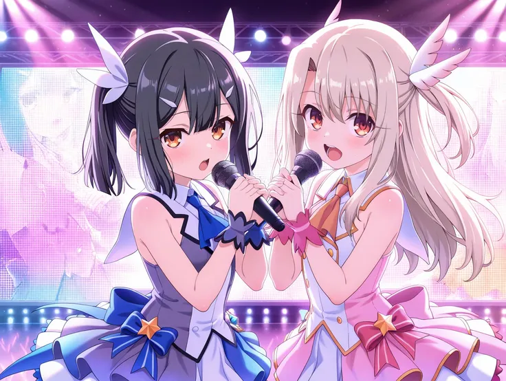 2 girls, illyasviel von einzbern, miyu edelfelt, looking at viewer, idol clothes, singing, 
pastel colors,colorful, 
,masterpiec...