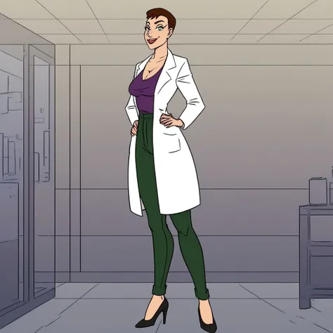 score_9, score_8_up, score_7_up, solo, breast, heels, green eyes, lipstick, brown hair, purple shirt, labcoat, green pants, makeup, smile, short hair, science lab room, hand on hip, looking at view,