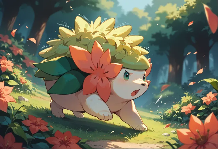 score_9, score_8_up, score_7_up, score_6_up, source_furry, dof, full-length portrait, solo, blurred background, <lora:POKEMON_SHAYMIN_LAND:1> pokemon (creature), shaymin, dynamic angle, cinematic, pretty garden, motion lines, action pose, dof, rimlight, de...