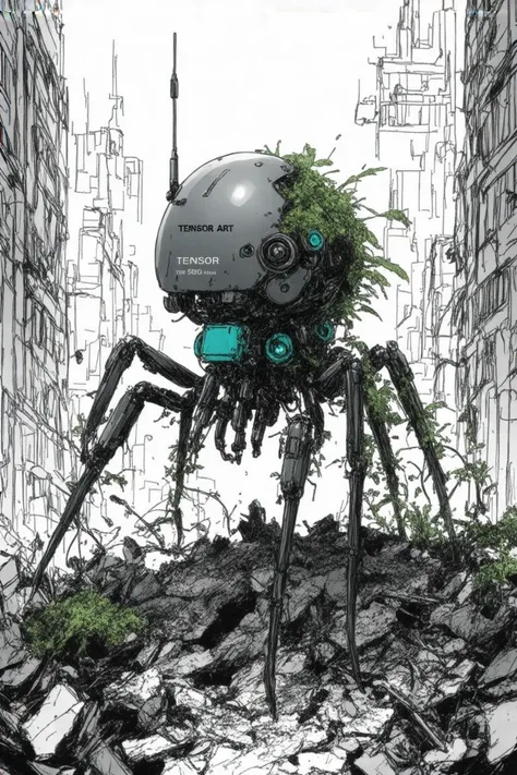 This is mostly  black and white, highly detailed manga illustration depicting a tiny,  nihei mechanical creature  nihei  in it habitat traversing a pile of rubble in a fallen metropolis of broken skyscrapers overgrown with green vegetation and oakish moss ...