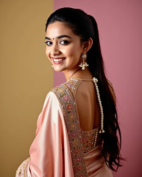 cowboy shot photo of a Keerthy Suresh woman,candid photo with natural colors, smiling expression on face,studio quality, wearing intricate conservative long sleeved Apricot Mekhela Chador (Assamese traditional attire), high ponytail, pastel shaded multicol...