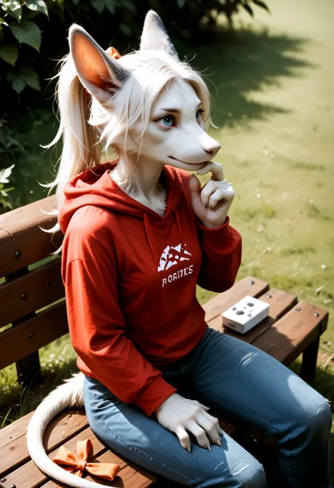 blond haired woman in red hoodie sitting on a bench with a white cat mask