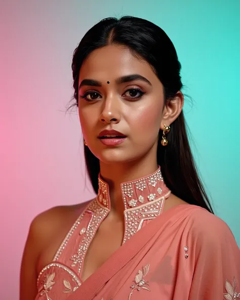 cowboy shot photo of a Keerthy Suresh woman,candid photo with natural colors, shouting expression on face,studio quality, wearing intricate conservative turtleneck Apricot Saree, high ponytail, pastel shaded multicolored background, cinematic soft lighting...