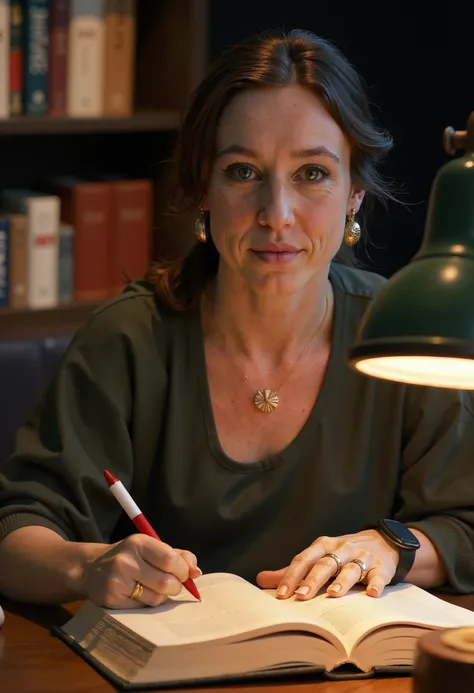 Suzanne Schulting, a woman in a cozy library, surrounded by shelves of books, warm light from a reading lamp, focused expression