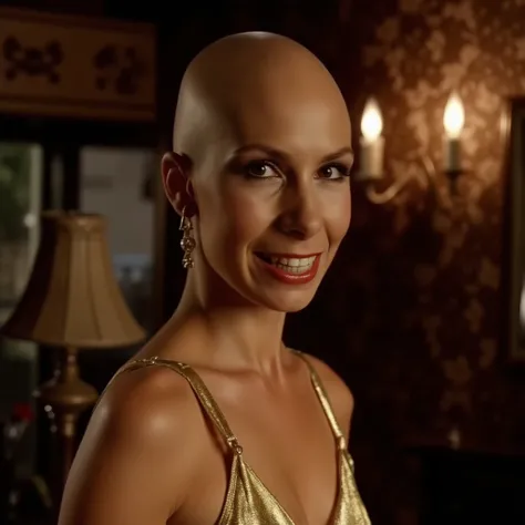 UHD, 4k, ultra detailed, cinematic, a photograph of  <lora:Janey62 v2:0.8>
Janey62 a woman with a bald head and a gold dress is smiling at camera, epic, beautiful lighting, inpsiring