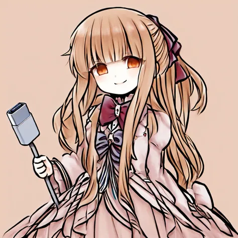 <lora:Meme_holding_charging_cable:0.6>,  <lora:Sharon_Rainsworth:1>,  holding charging cable, 1girl, Sharon Rainsworth, long hair, solo, dress, smile, brown eyes, brown hair, ponytail, bow, dress, simple background,  long dress, holding