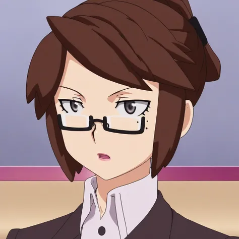 score_9, score_8_up, score_7_up, source_anime BREAK 1girl, solo, glasses, brown hair, mole, mole under eye, brown eyes, collared shirt, shirt, semi-rimless eyewear, closed mouth, lipstick, white shirt, single hair bun, portrait