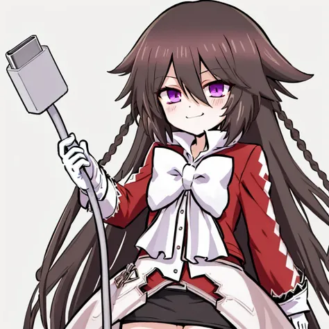 <lora:Meme_holding_charging_cable:0.6>, <lora:Alice:1>, (exceptional, best aesthetic, new, newest, best quality, masterpiece, extremely detailed), chibi, holding charging cable, 1girl, solo, pandora_alice, red_dress, skirt, bow, white_gloves, braid, smug, ...