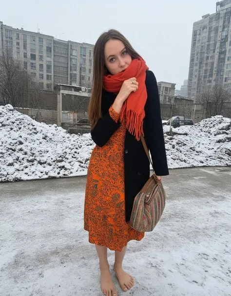 Young woman, early 20s, fair-skinned, wearing an orange patterned dress with intricate designs, covered by a black coat, wrapped in a red and orange scarf, barefoot on snowy pavement, long straight brown hair, no visible makeup, thoughtful pose with hand o...