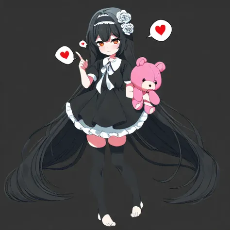 toeless legwear, short sleeves, spoken heart, swimsuit, absurdly long hair, stuffed toy, black dress, hairband, black thighhighs, hair flower