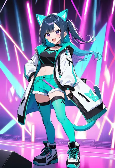 safe_pos, Upper body, female character, medium breast, aqua mini shorts, very short t-shirt (navel visible), futuristic sneakers, white and aqua geek-inspired coat, futuristic black and aqua thigh-high stockings, background: cyberpunk-themed idol concert. ...