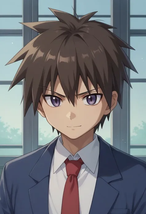 score_9, score_8_up, score_7_up, source_anime, highly detailed, 
wataru, 1boy, male focus, solo, brown hair, spiked hair, bangs, purple eyes, formal, schirt, collared shirt, white shirt, necktie, red necktie, jacket, dark blue jacket,
indoor, light smile