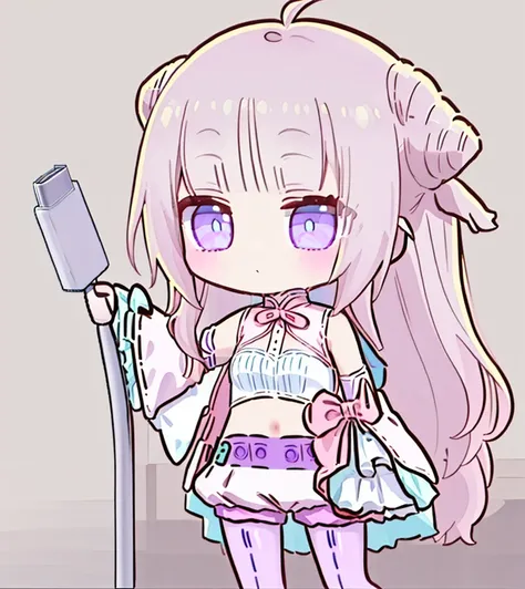 <lora:Meme_holding_charging_cable:1>,   chibi, ((holding charging cable)),  <lora:MimoriByakuya:0.9>, mimoribyakuya, very long hair, double hair bun, white dress, pleated shorts, white sleeves, midriff, sleeves past wrists, purple pantyhose, pink neck ribb...